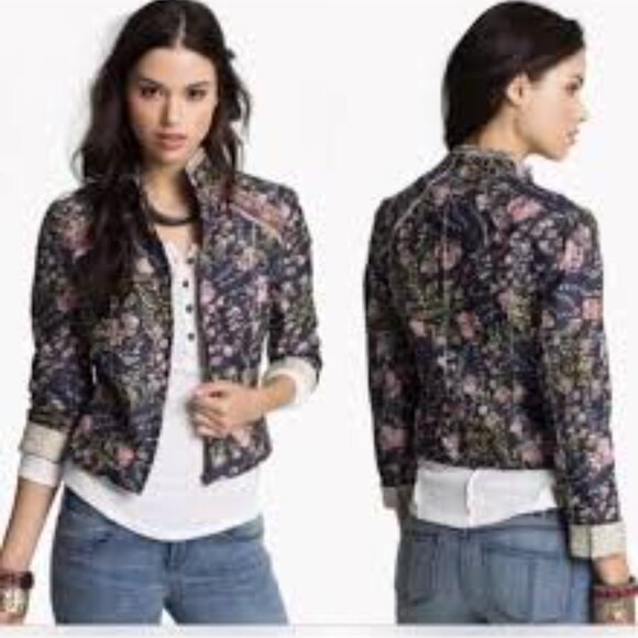 Free People Meadow Quilted Floral Jacket XS Blue Zip Up - Picture 3 of 6